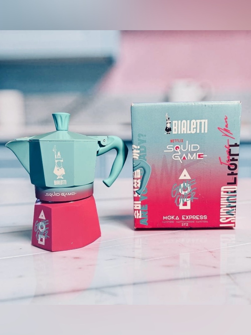 Bialetti Squid Game NWT Two-Tone Turquoise & Pink Moka Express Espresso Maker